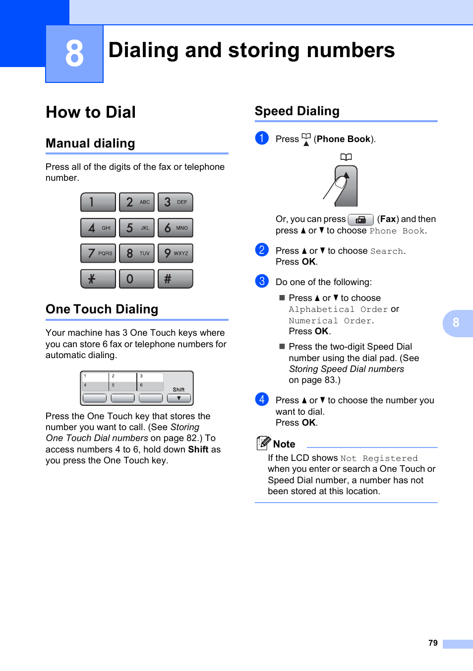 8 dialing and storing numbers, How to dial, Manual dialing | One touch dialing, Speed dialing, Dialing and storing numbers, Manual dialing one touch dialing speed dialing | Brother MFC-5890CN User Manual | Page 95 / 247