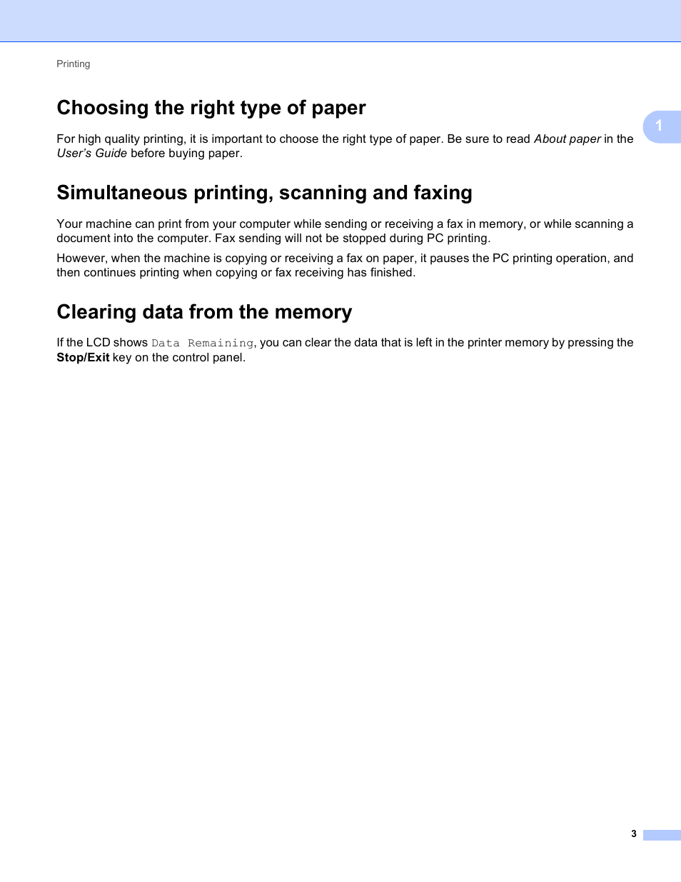 Choosing the right type of paper, Simultaneous printing, scanning and faxing, Clearing data from the memory | Brother MFC-495CW User Manual | Page 10 / 198