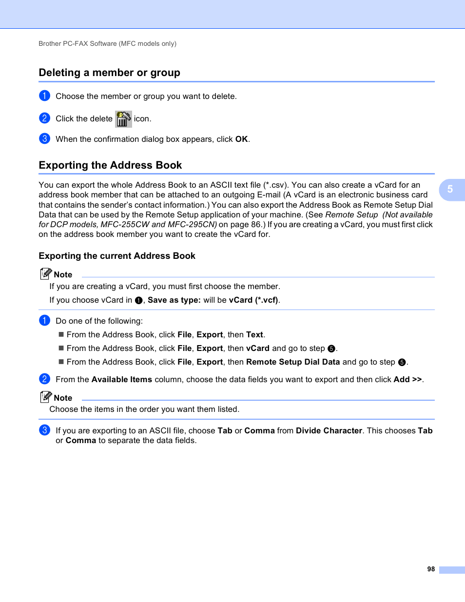 Deleting a member or group, Exporting the address book, Exporting the current address book | 5deleting a member or group | Brother MFC-495CW User Manual | Page 105 / 198