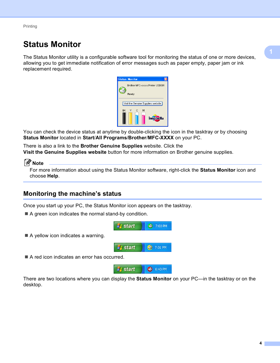 Status monitor, Monitoring the machine’s status | Brother MFC-495CW User Manual | Page 11 / 198