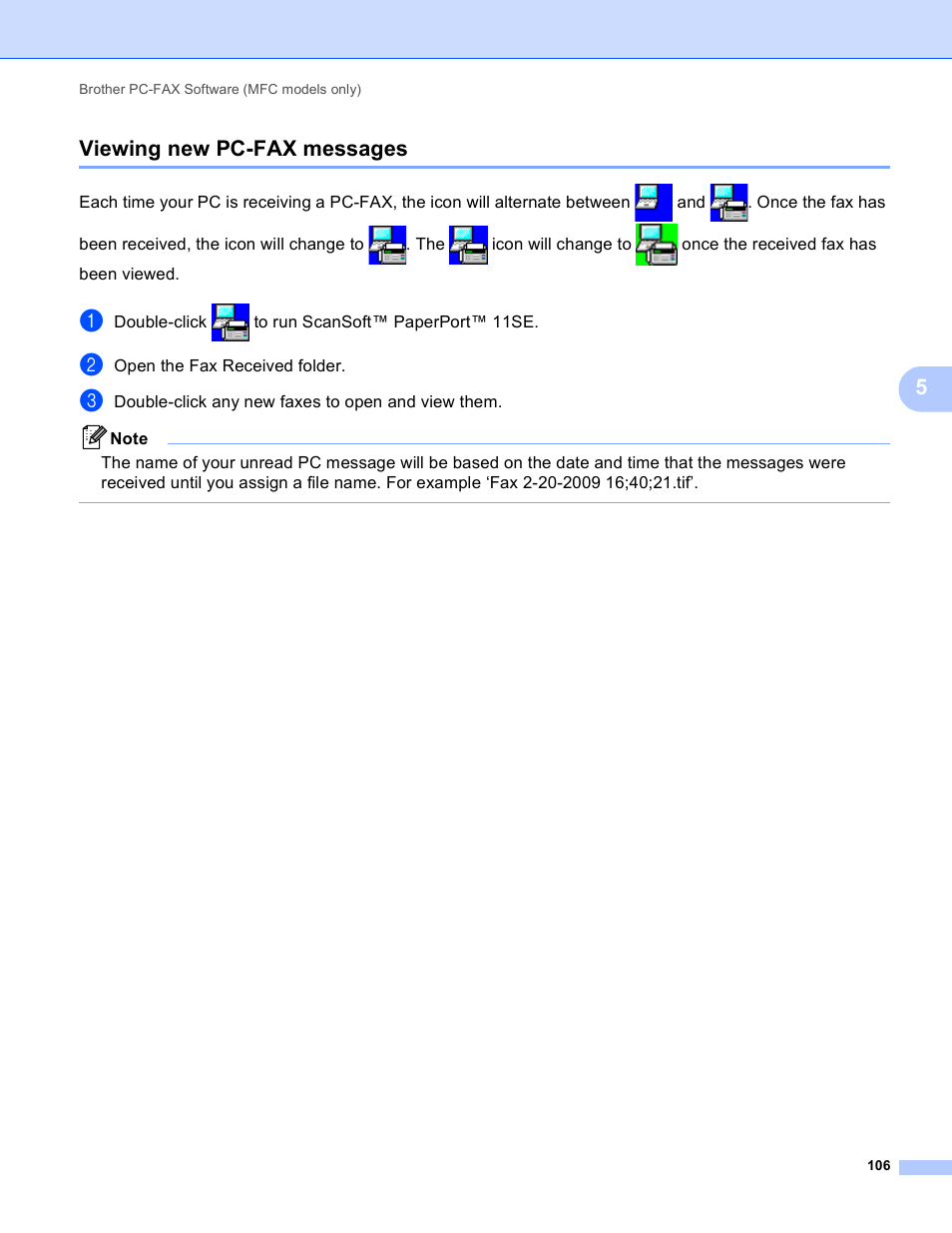 Viewing new pc-fax messages, 5viewing new pc-fax messages | Brother MFC-495CW User Manual | Page 113 / 198