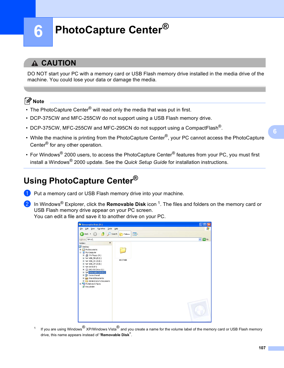 6 photocapture center, Using photocapture center, Photocapture center | Caution | Brother MFC-495CW User Manual | Page 114 / 198