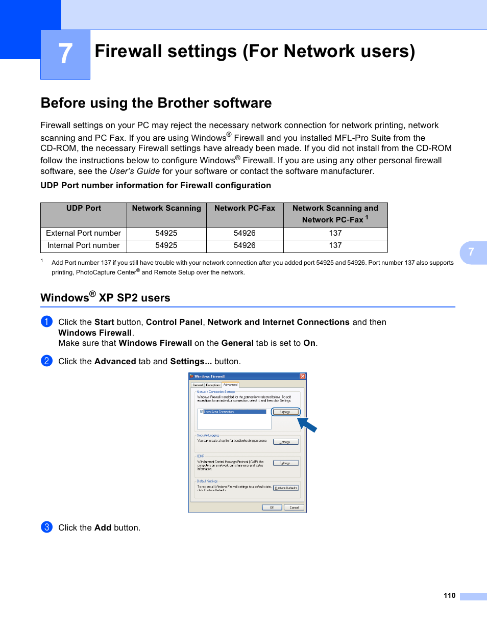 7 firewall settings (for network users), Before using the brother software, Windows® xp sp2 users | Firewall settings (for network users), Windows, Xp sp2 users | Brother MFC-495CW User Manual | Page 117 / 198