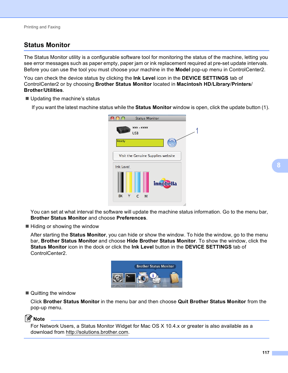 Status monitor, 8status monitor | Brother MFC-495CW User Manual | Page 124 / 198