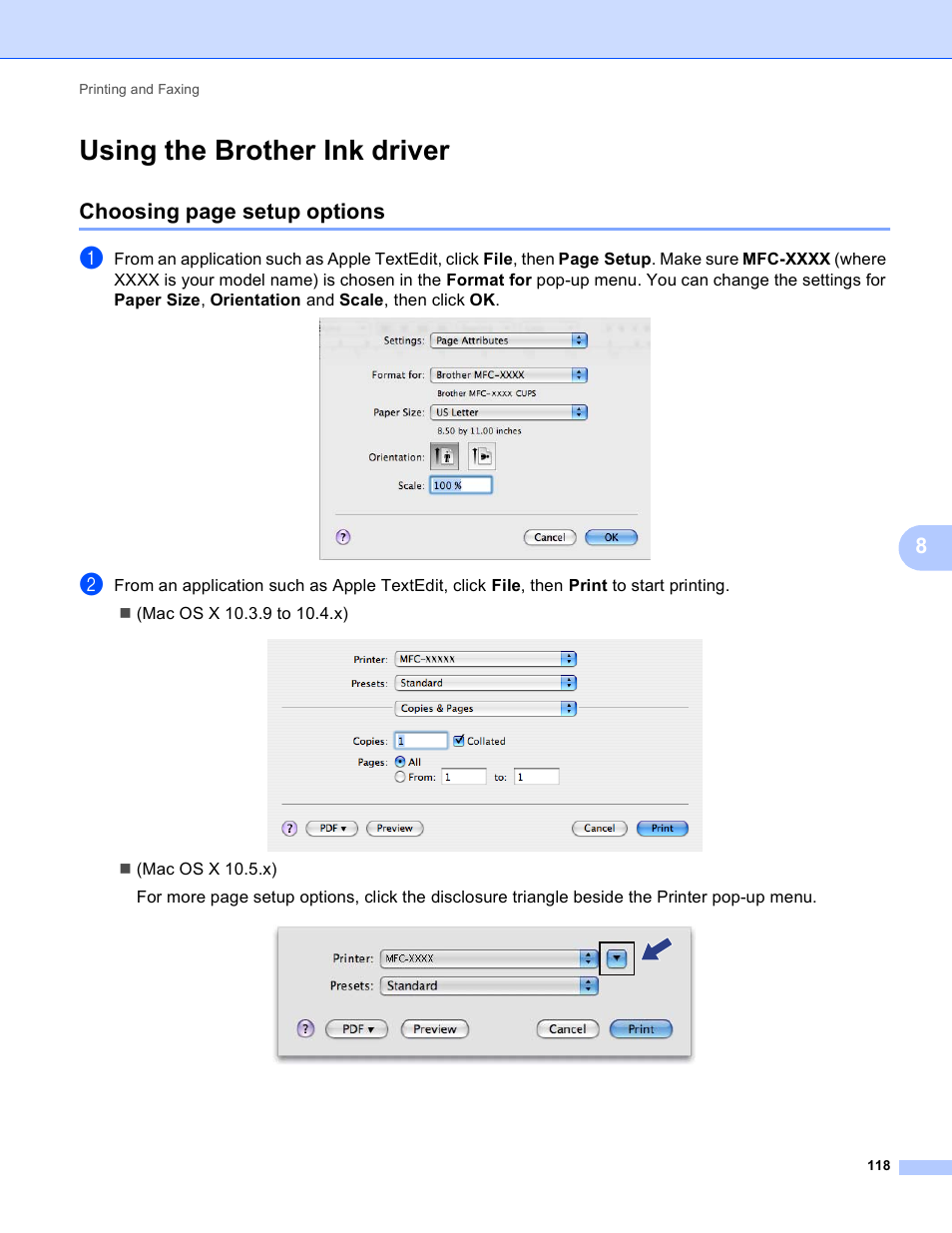 Using the brother ink driver, Choosing page setup options | Brother MFC-495CW User Manual | Page 125 / 198