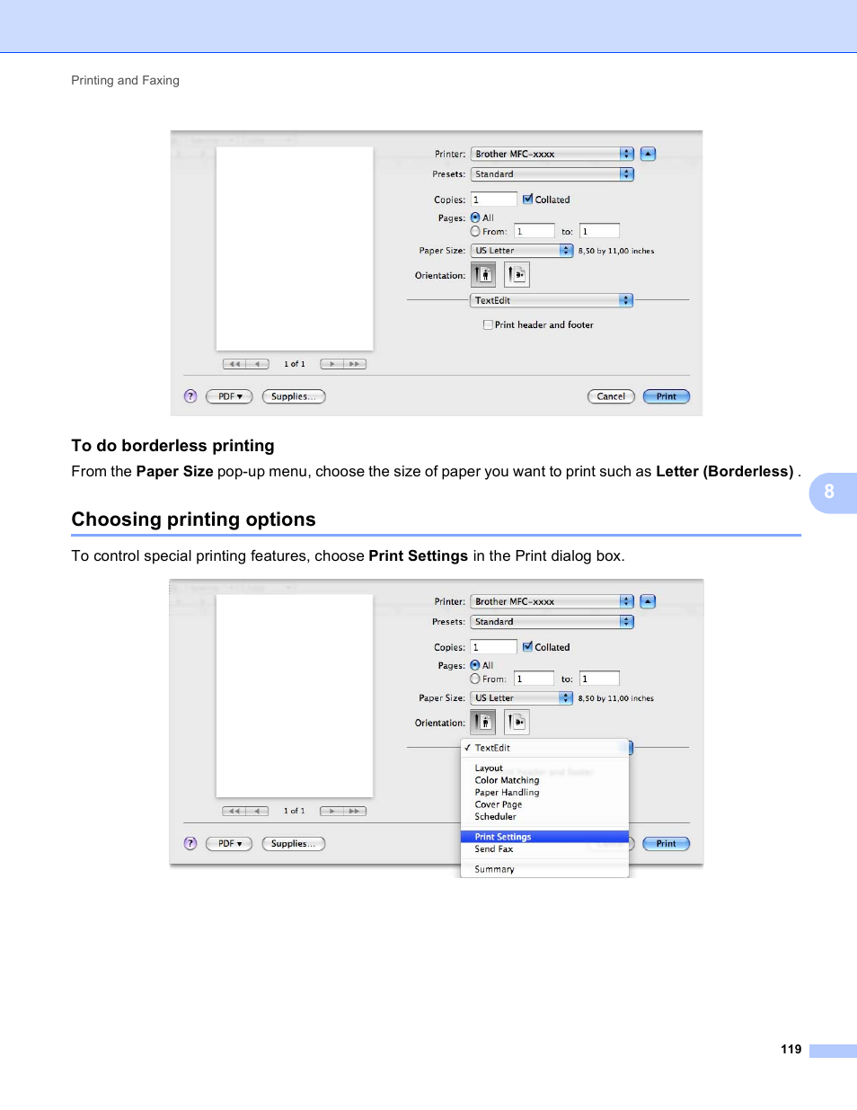 To do borderless printing, Choosing printing options | Brother MFC-495CW User Manual | Page 126 / 198