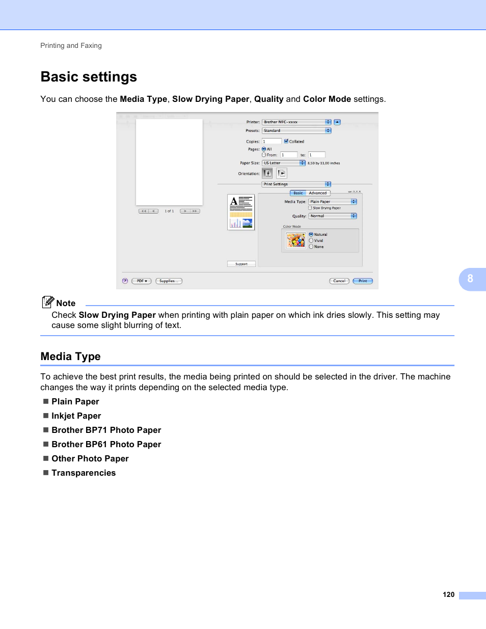 Basic settings, Media type | Brother MFC-495CW User Manual | Page 127 / 198