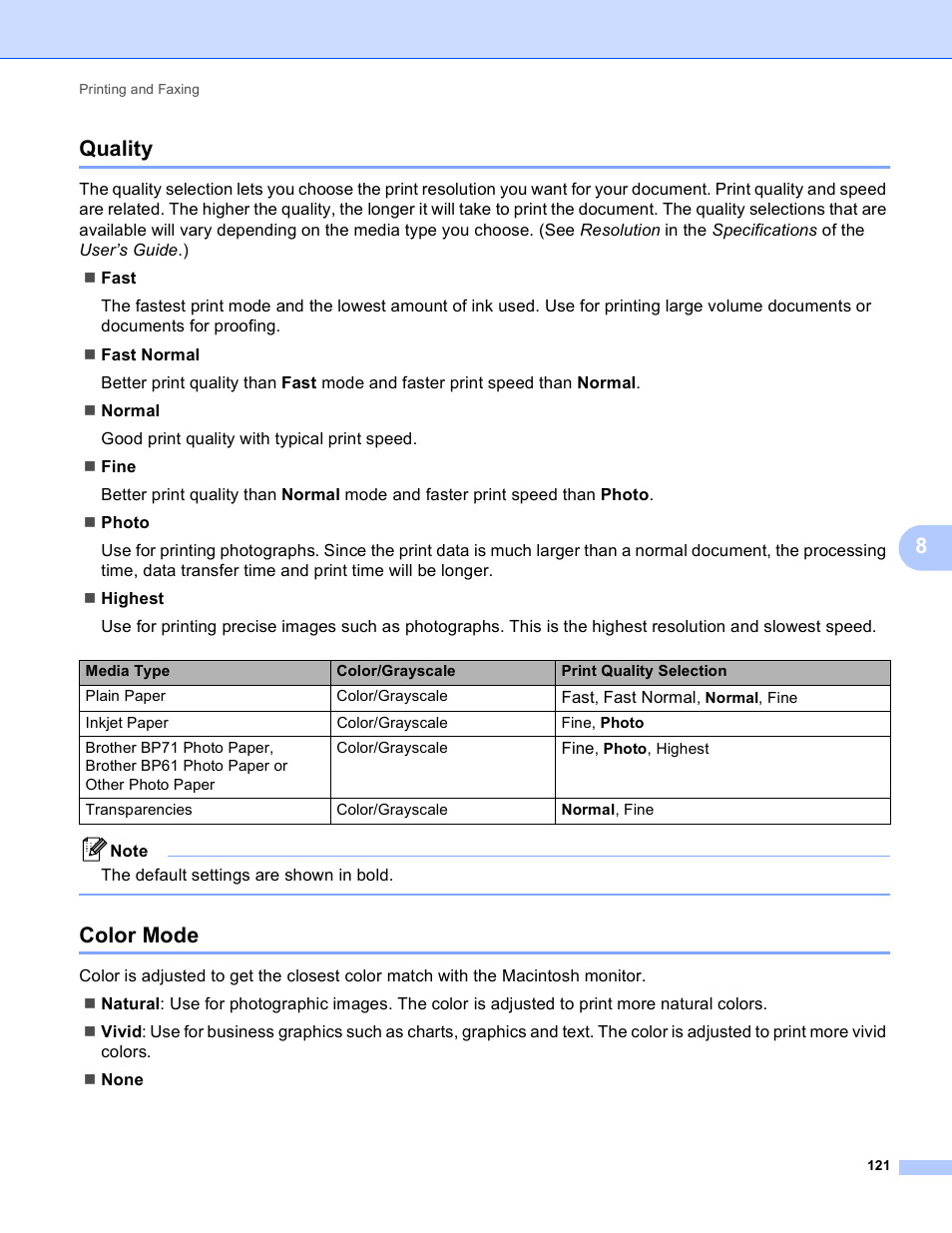 Quality, Color mode, Quality color mode | 8quality | Brother MFC-495CW User Manual | Page 128 / 198