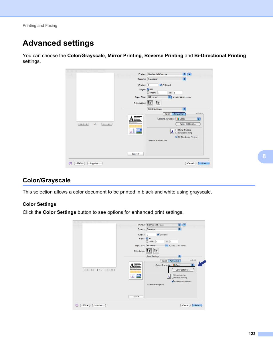 Advanced settings, Color/grayscale | Brother MFC-495CW User Manual | Page 129 / 198