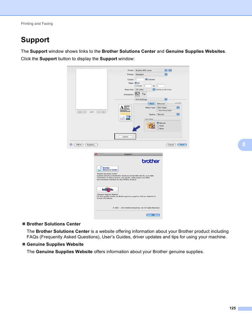 Support | Brother MFC-495CW User Manual | Page 132 / 198