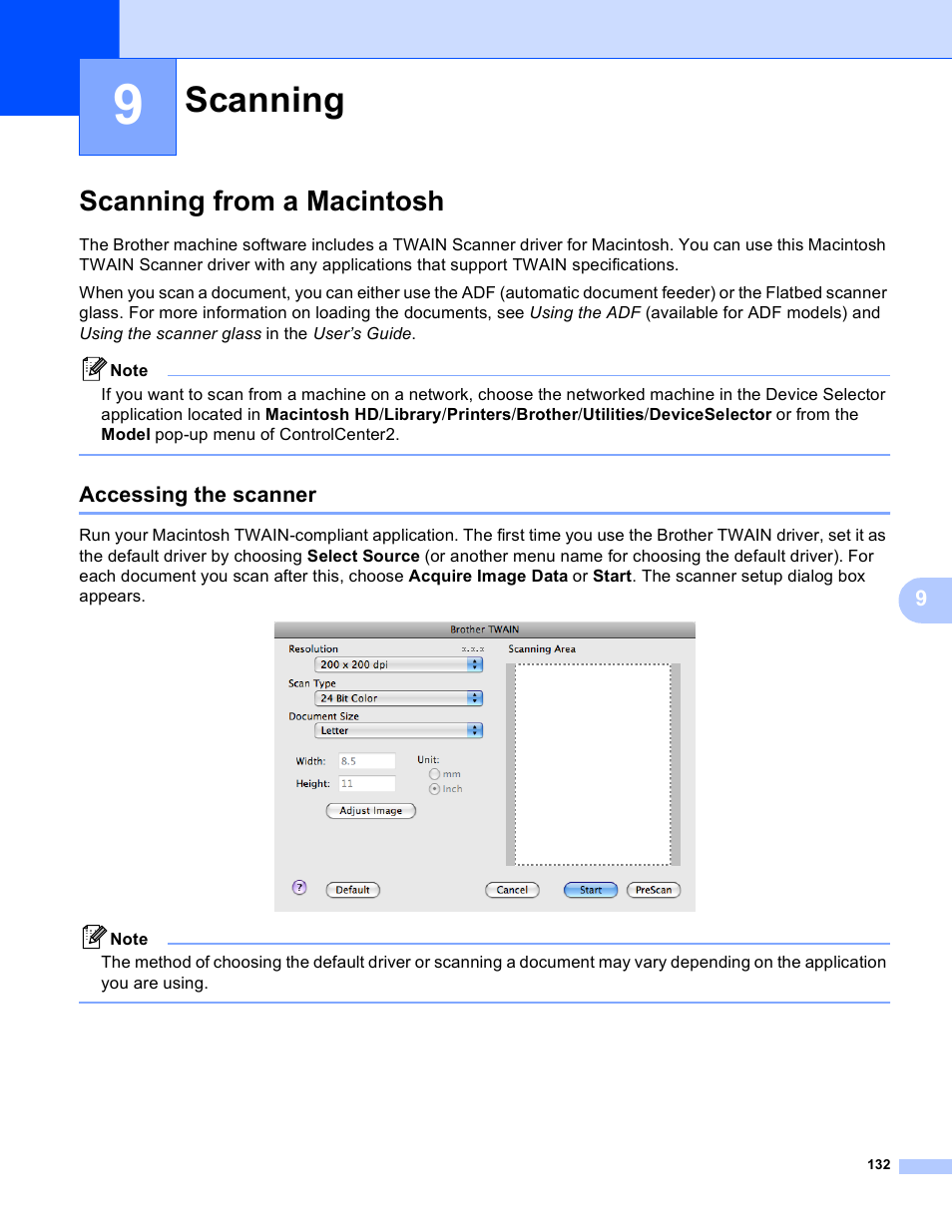 9 scanning, Scanning from a macintosh, Accessing the scanner | Scanning | Brother MFC-495CW User Manual | Page 139 / 198