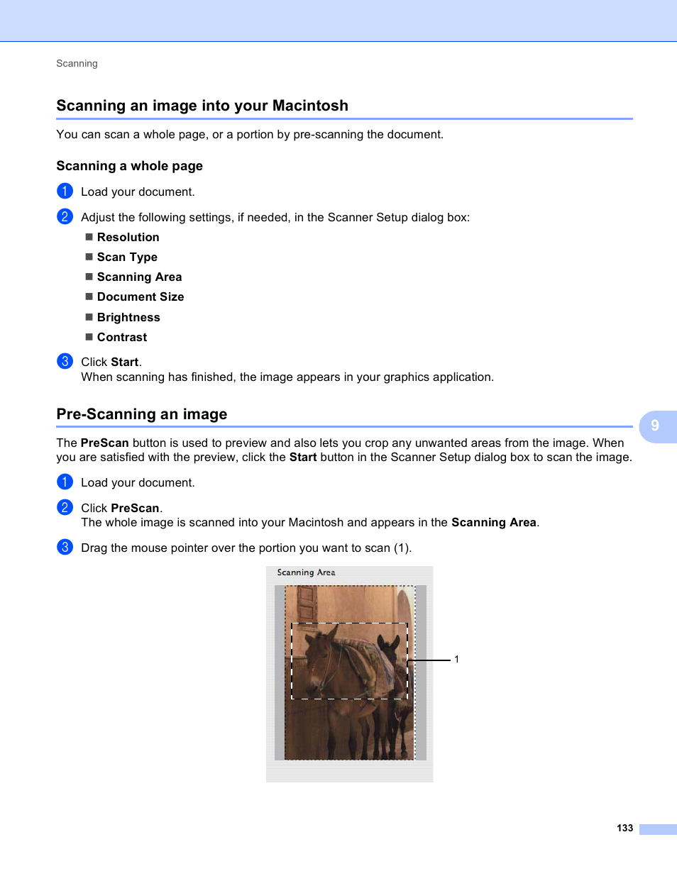 Scanning an image into your macintosh, Pre-scanning an image, 9scanning an image into your macintosh | Brother MFC-495CW User Manual | Page 140 / 198