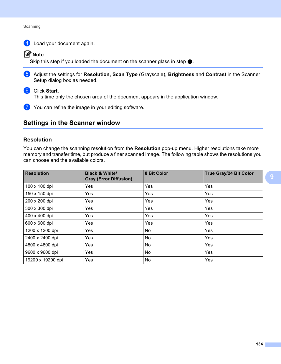 Settings in the scanner window, Resolution | Brother MFC-495CW User Manual | Page 141 / 198