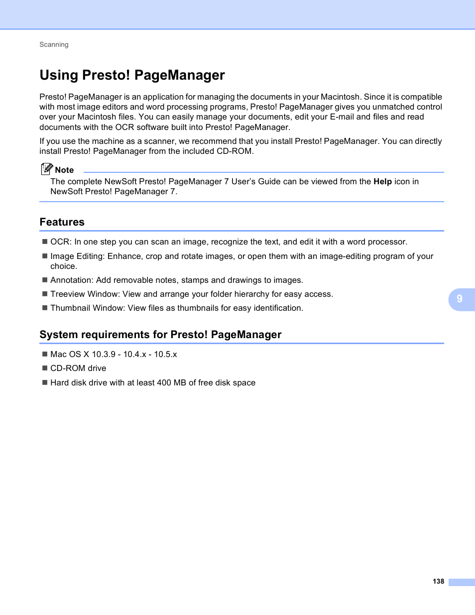 Features, Using presto! pagemanager, System requirements for presto! pagemanager | Brother MFC-495CW User Manual | Page 145 / 198