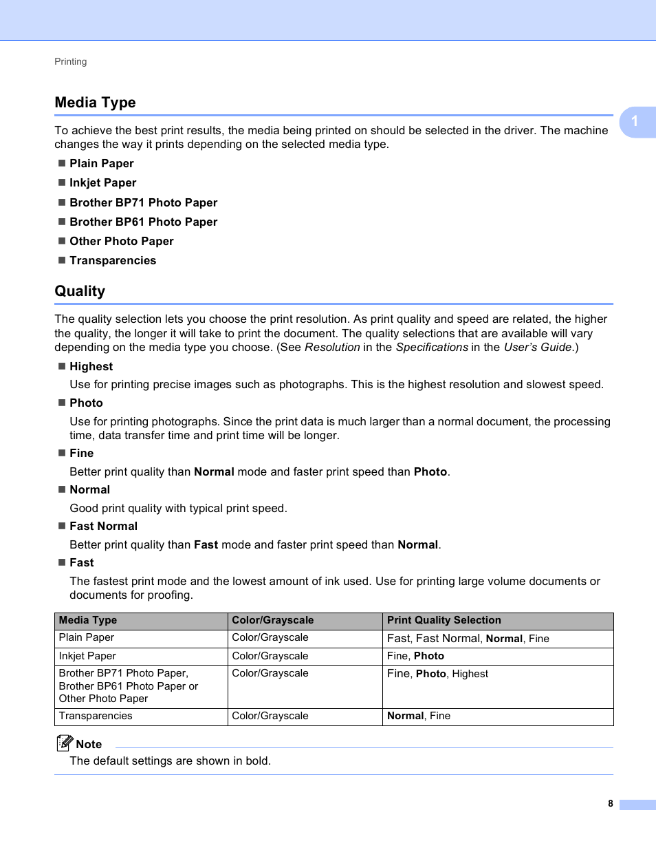 Media type, Quality, Media type quality | 1media type | Brother MFC-495CW User Manual | Page 15 / 198