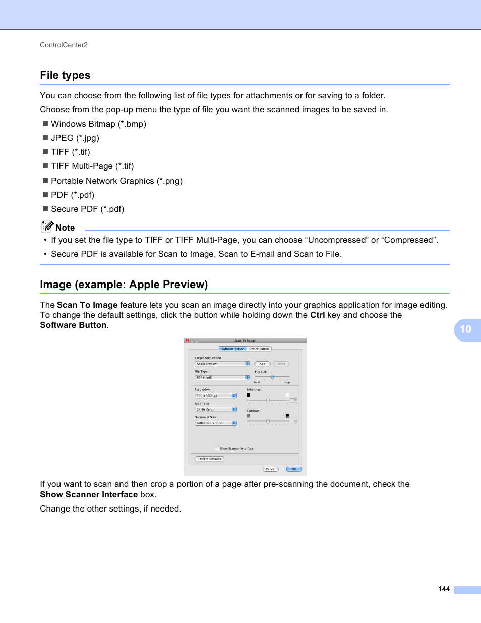 File types, Image (example: apple preview), File types image (example: apple preview) | 10 file types | Brother MFC-495CW User Manual | Page 151 / 198