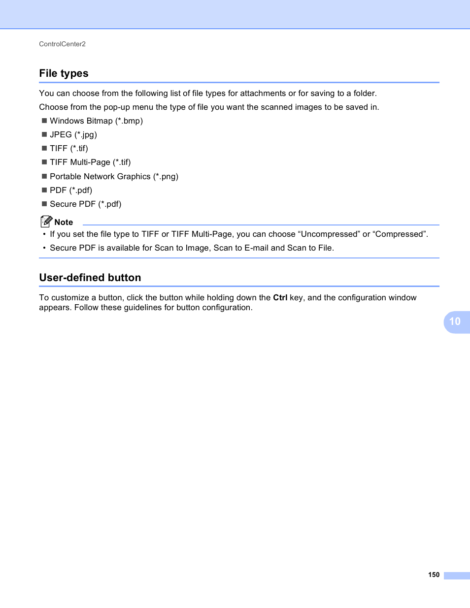 File types, User-defined button, File types user-defined button | 10 file types | Brother MFC-495CW User Manual | Page 157 / 198