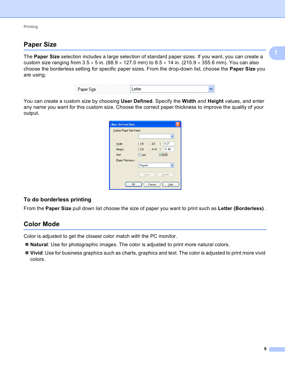 Paper size, To do borderless printing, Color mode | Paper size color mode, 1paper size | Brother MFC-495CW User Manual | Page 16 / 198