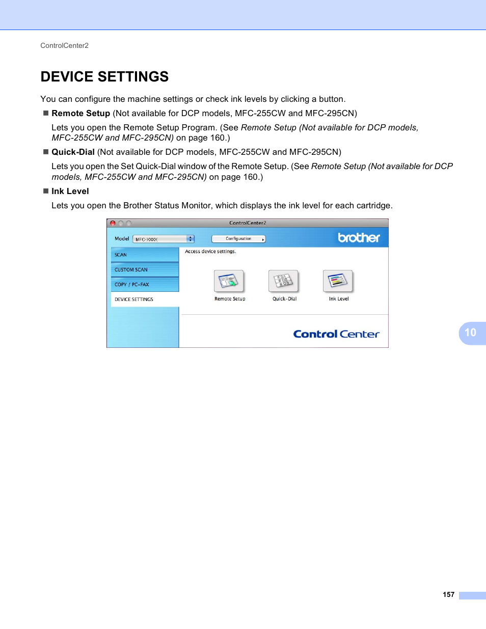 Device settings | Brother MFC-495CW User Manual | Page 164 / 198