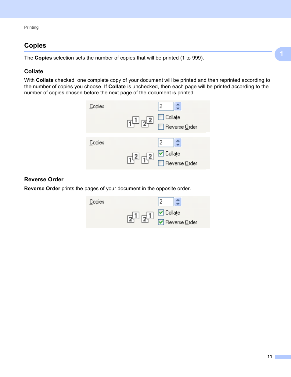 Copies, Collate, Reverse order | 1copies | Brother MFC-495CW User Manual | Page 18 / 198