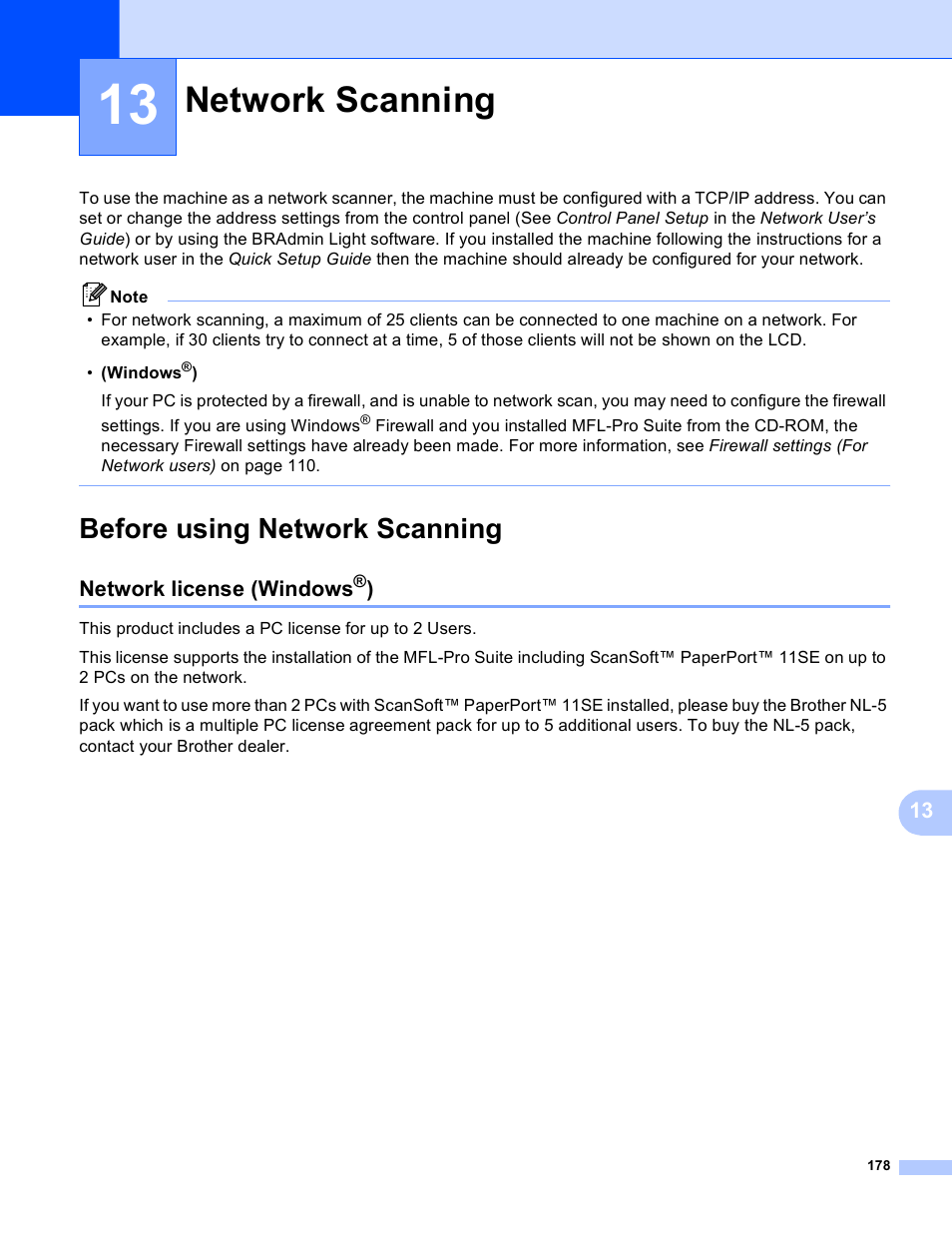 13 network scanning, Before using network scanning, Network license (windows®) | Network scanning, Network license (windows | Brother MFC-495CW User Manual | Page 185 / 198