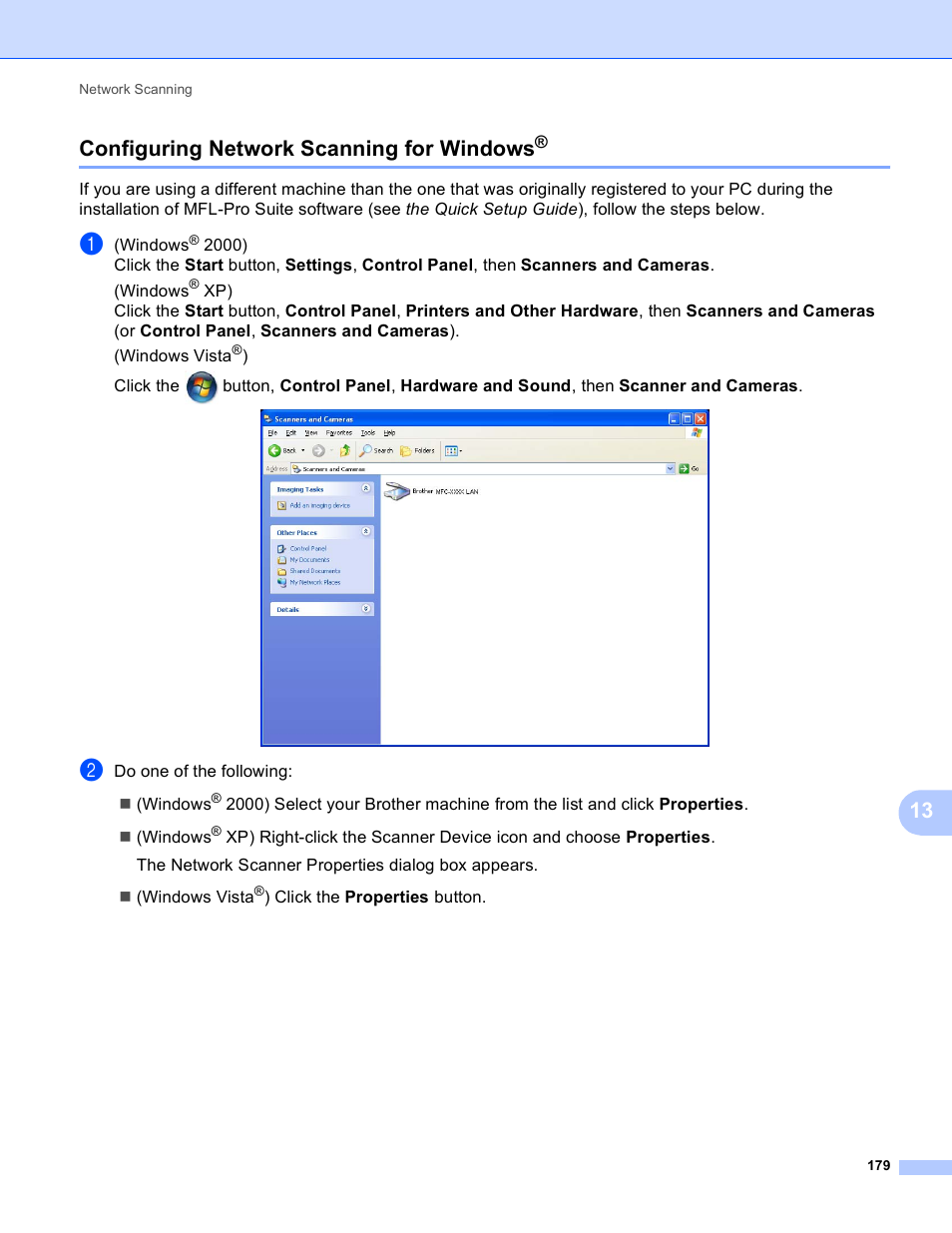 Configuring network scanning for windows, 13 configuring network scanning for windows | Brother MFC-495CW User Manual | Page 186 / 198