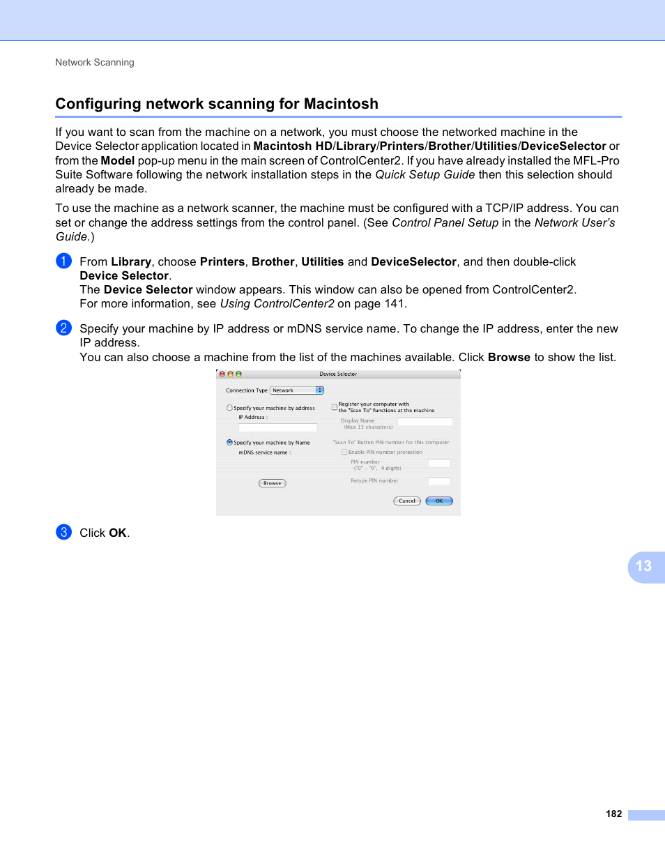 Configuring network scanning for macintosh, 13 configuring network scanning for macintosh | Brother MFC-495CW User Manual | Page 189 / 198