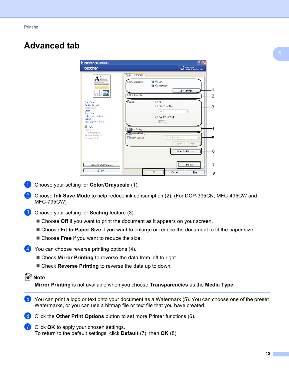 Advanced tab | Brother MFC-495CW User Manual | Page 19 / 198