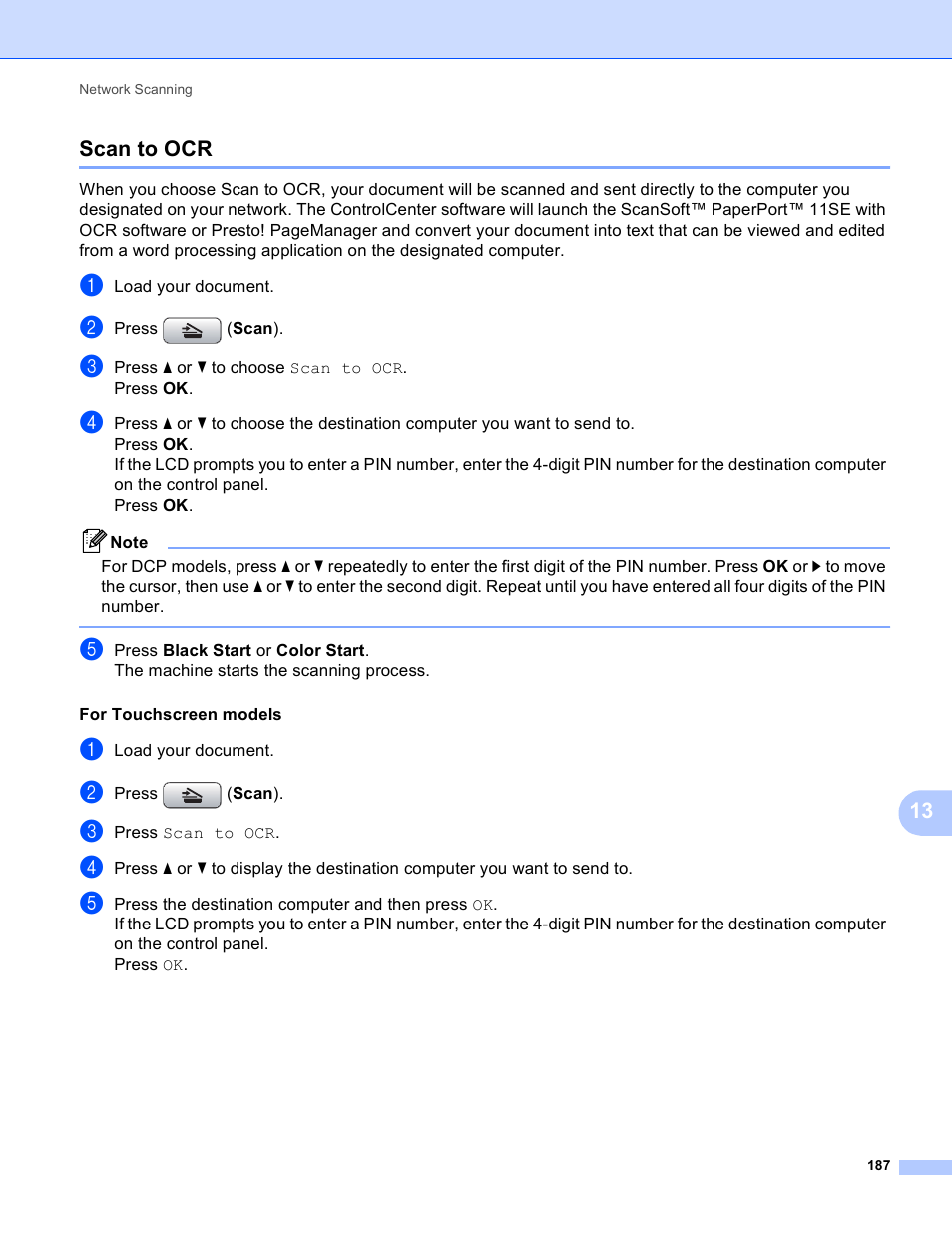 Scan to ocr, 13 scan to ocr | Brother MFC-495CW User Manual | Page 194 / 198