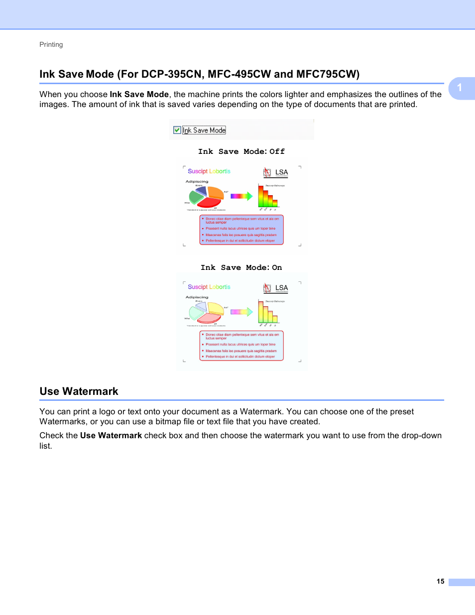 Use watermark, 1ink save, Ink save mode: off | Ink save mode: on | Brother MFC-495CW User Manual | Page 22 / 198