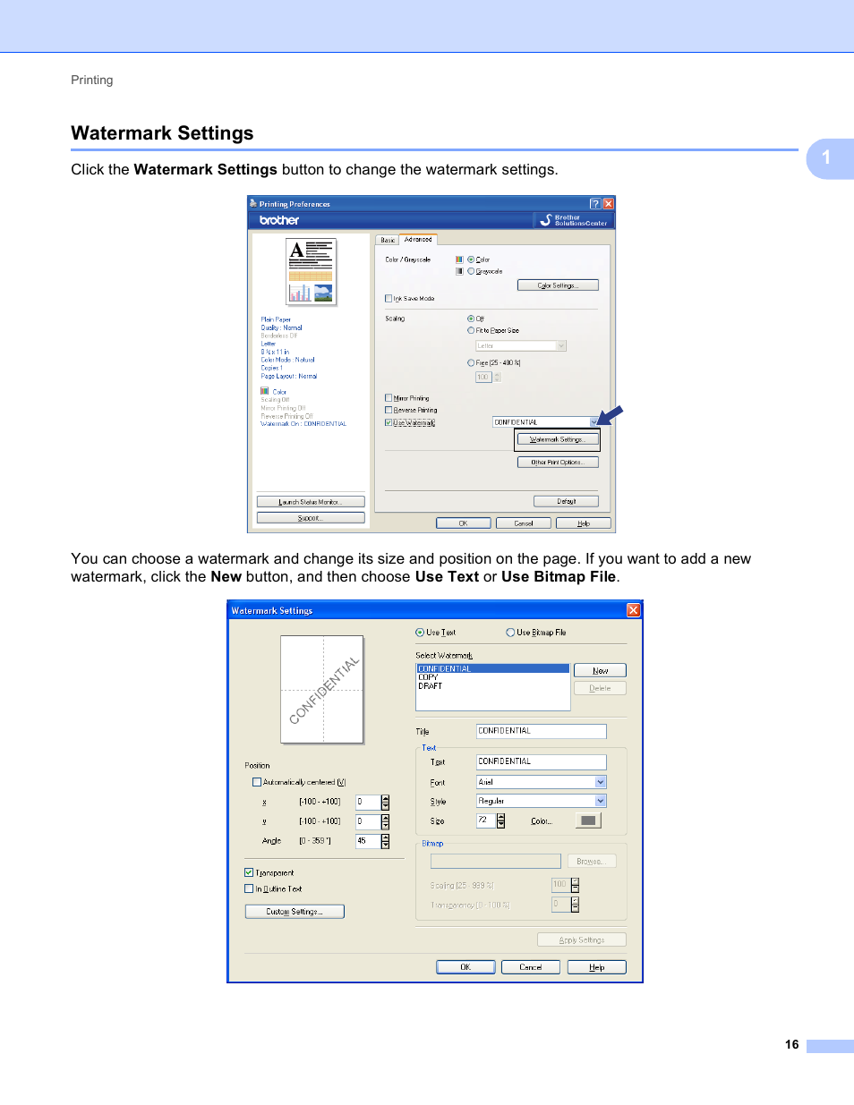 Watermark settings, 1watermark settings | Brother MFC-495CW User Manual | Page 23 / 198