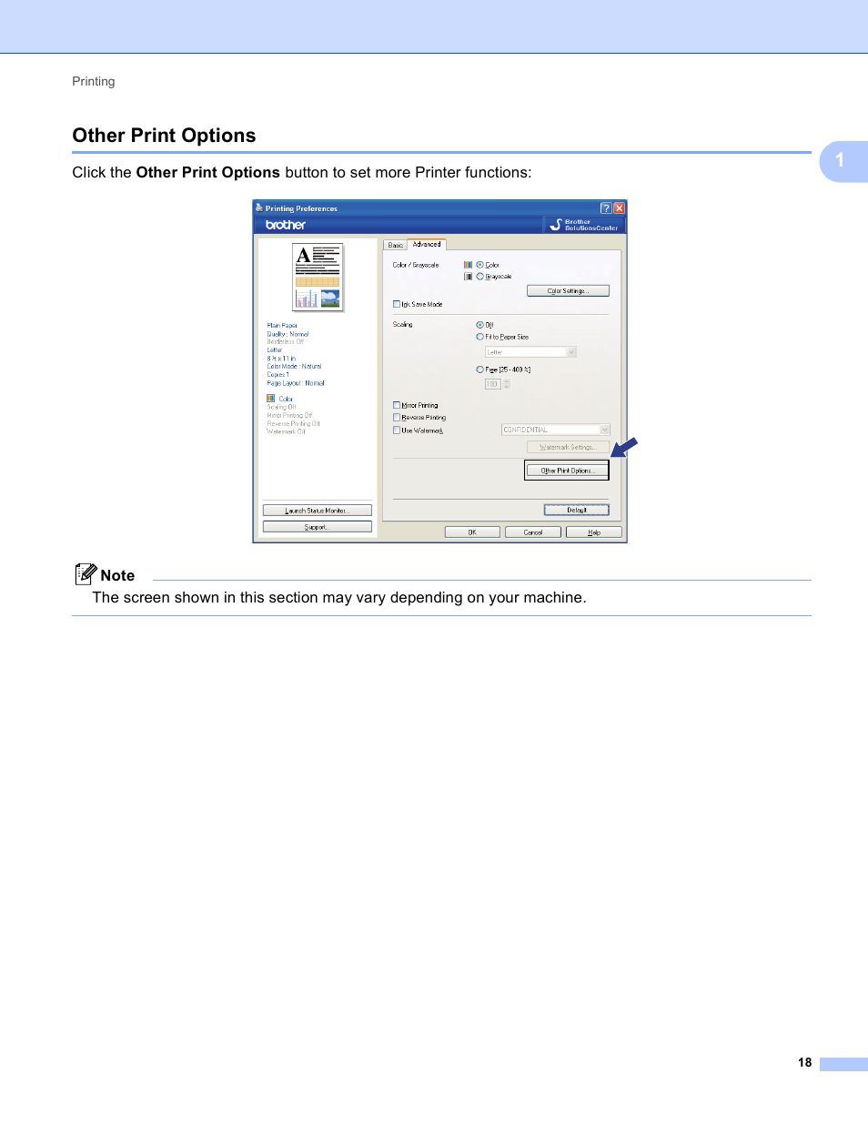 Other print options, 1other print options | Brother MFC-495CW User Manual | Page 25 / 198