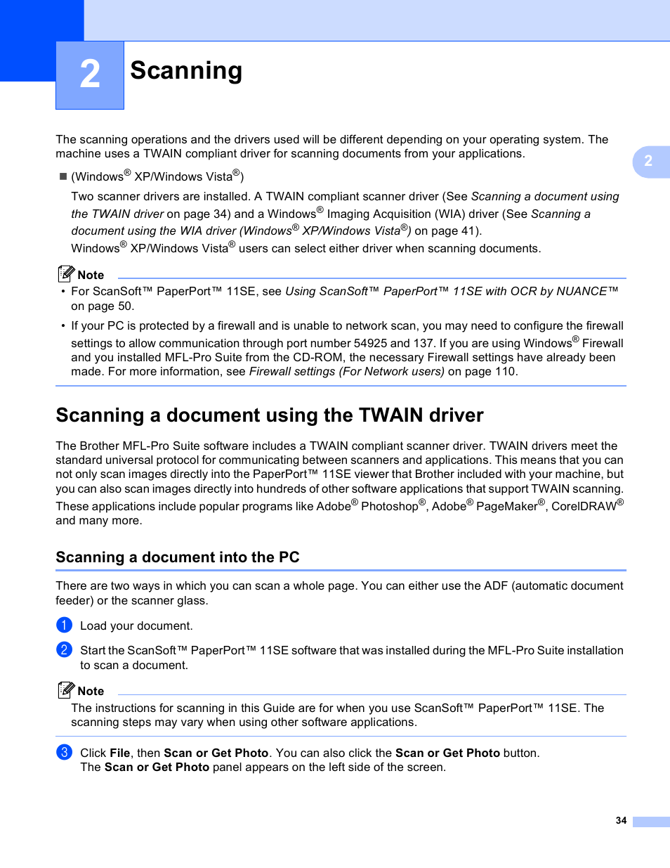 2 scanning, Scanning a document using the twain driver, Scanning a document into the pc | Scanning | Brother MFC-495CW User Manual | Page 41 / 198