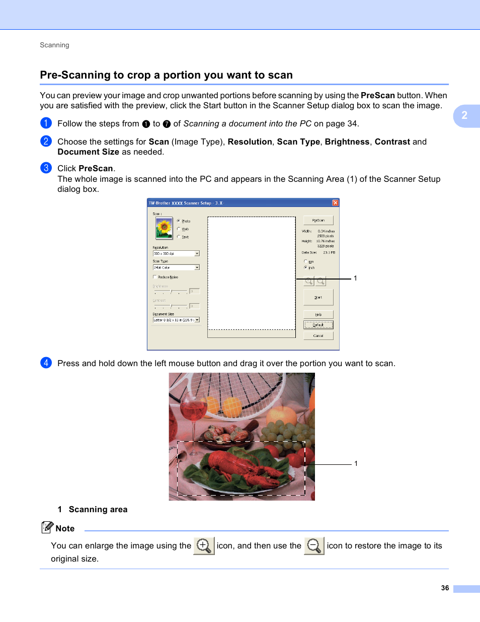 Pre-scanning to crop a portion you want to scan, 2pre-scanning to crop a portion you want to scan | Brother MFC-495CW User Manual | Page 43 / 198