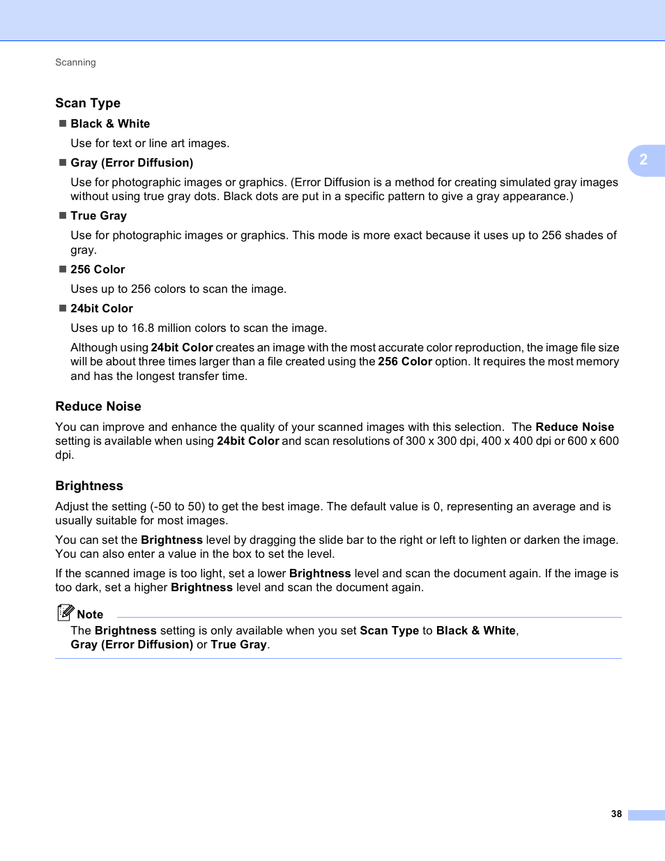 Scan type, Reduce noise, Brightness | Brother MFC-495CW User Manual | Page 45 / 198