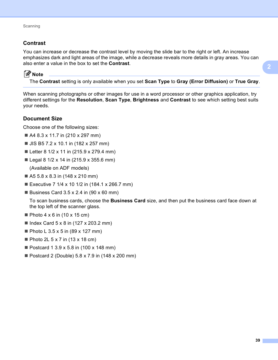 Contrast, Document size | Brother MFC-495CW User Manual | Page 46 / 198