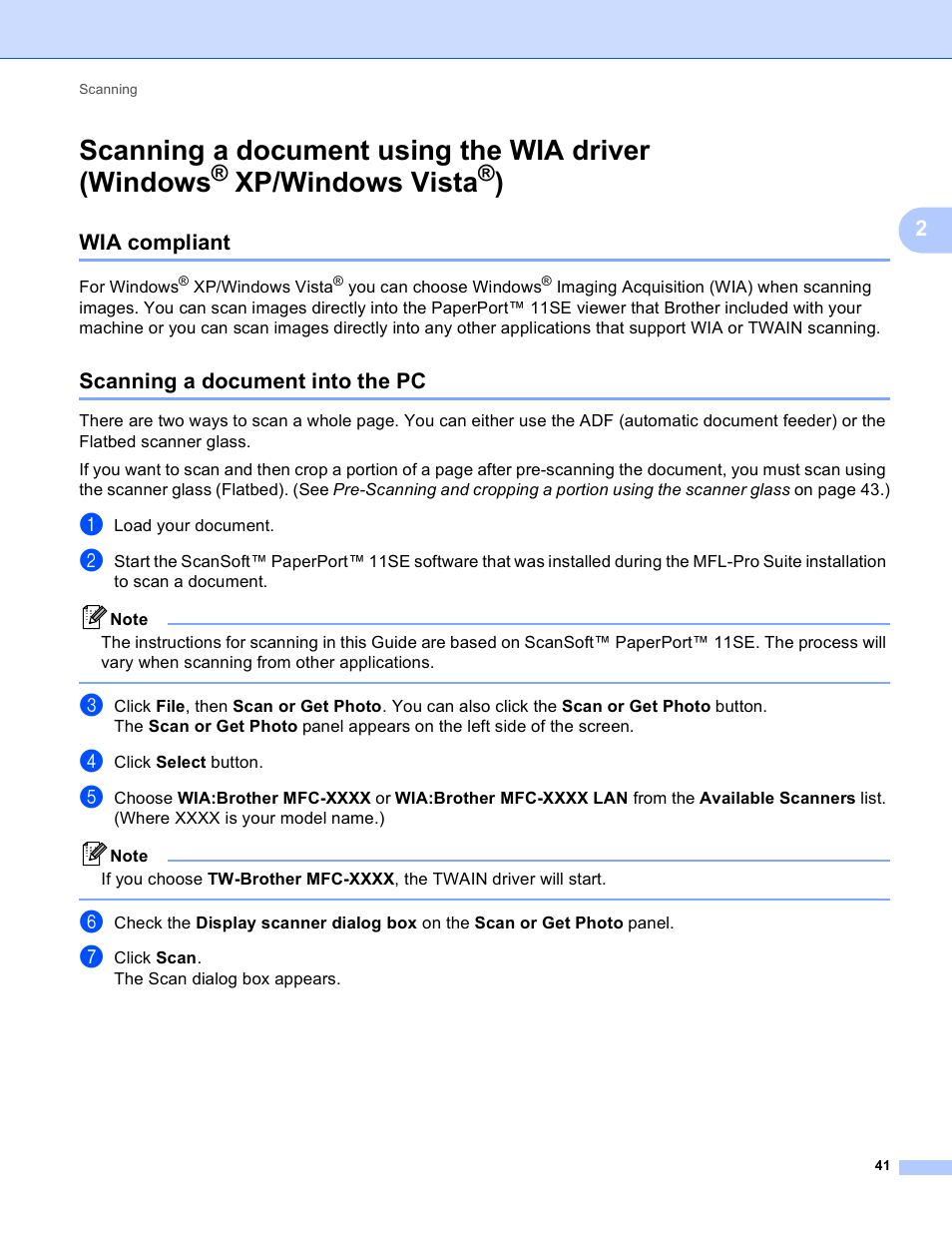 Wia compliant, Scanning a document into the pc, Scanning a document using the wia driver (windows | Xp/windows vista, Wia compliant scanning a document into the pc, Scanning a, Document using the wia driver (windows | Brother MFC-495CW User Manual | Page 48 / 198