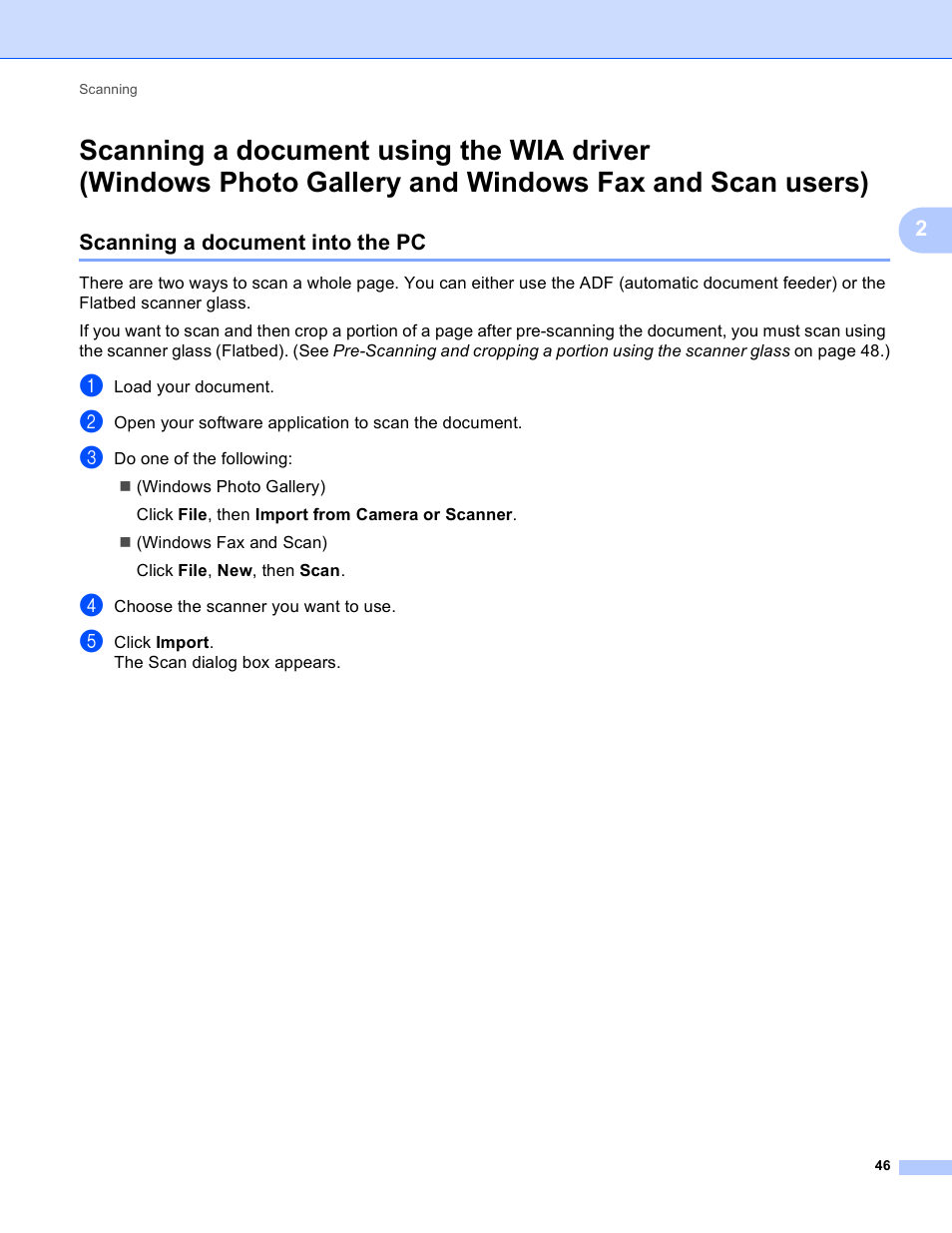 Scanning a document into the pc, Scanning a document using the wia driver | Brother MFC-495CW User Manual | Page 53 / 198