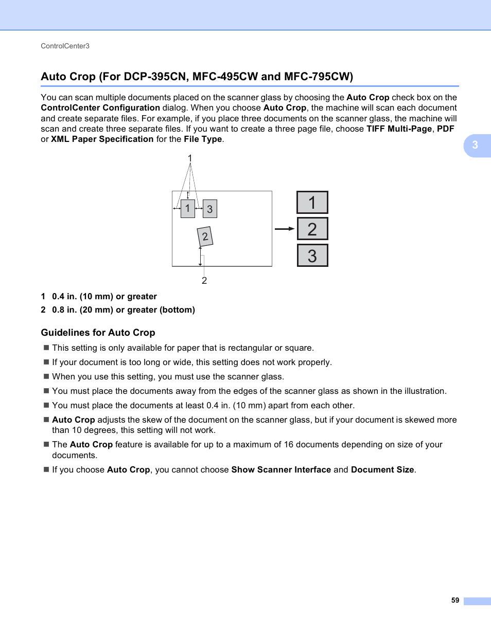 Auto crop (for dcp-395cn, mfc-495cw and mfc-795cw), Guidelines for auto crop | Brother MFC-495CW User Manual | Page 66 / 198