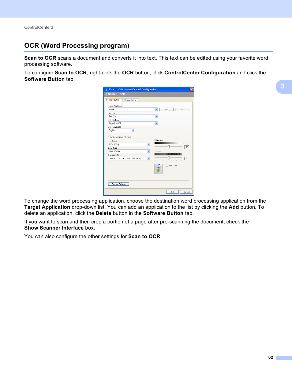 Ocr (word processing program), 3ocr (word processing program) | Brother MFC-495CW User Manual | Page 69 / 198