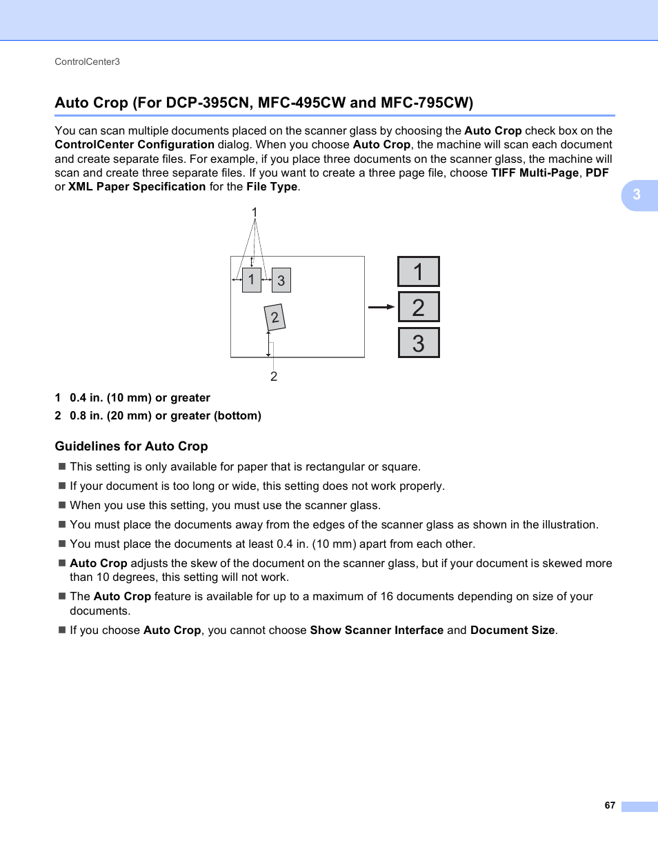 Auto crop (for dcp-395cn, mfc-495cw and mfc-795cw), Guidelines for auto crop | Brother MFC-495CW User Manual | Page 74 / 198