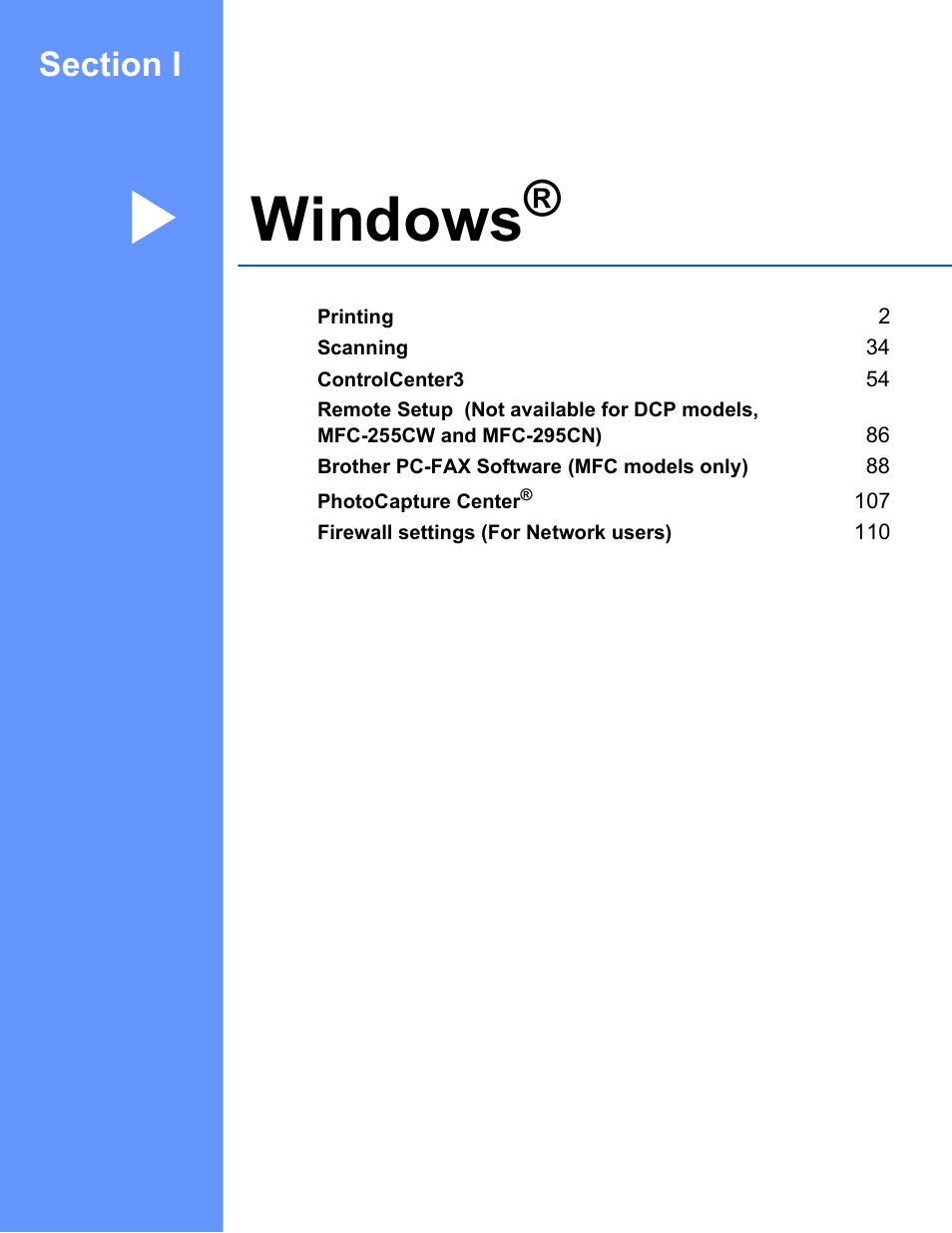 Windows, Section i windows | Brother MFC-495CW User Manual | Page 8 / 198