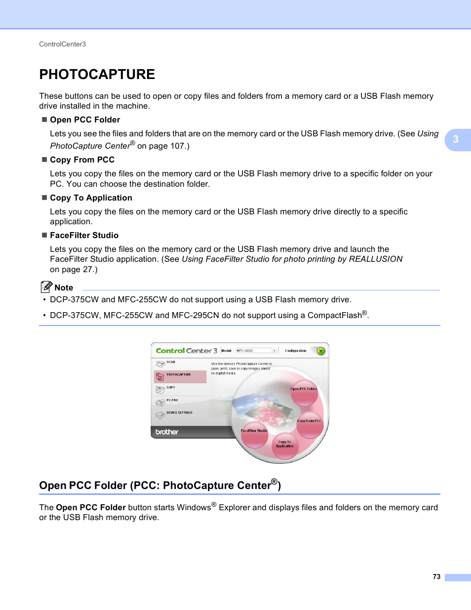 Photocapture, Open pcc folder (pcc: photocapture center®), Open pcc folder (pcc: photocapture center | Brother MFC-495CW User Manual | Page 80 / 198