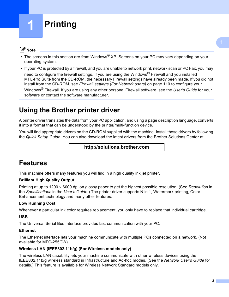 1 printing, Using the brother printer driver, Features | Printing, Using the brother printer driver features | Brother MFC-495CW User Manual | Page 9 / 198