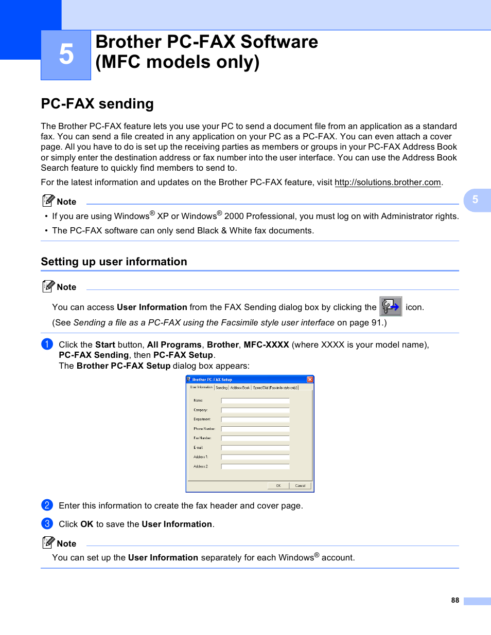 5 brother pc-fax software (mfc models only), Pc-fax sending, Setting up user information | Brother pc-fax software (mfc models only) | Brother MFC-495CW User Manual | Page 95 / 198