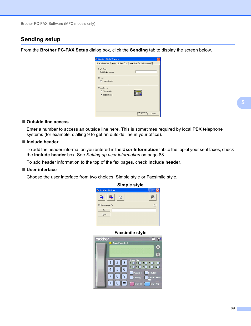 Sending setup, 5sending setup, Facsimile style | Brother MFC-495CW User Manual | Page 96 / 198