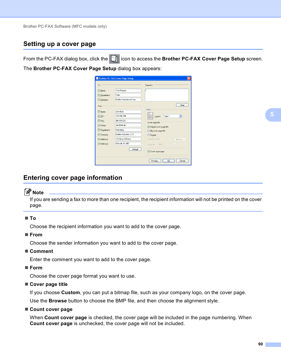 5setting up a cover page, Entering cover page information | Brother MFC-495CW User Manual | Page 97 / 198