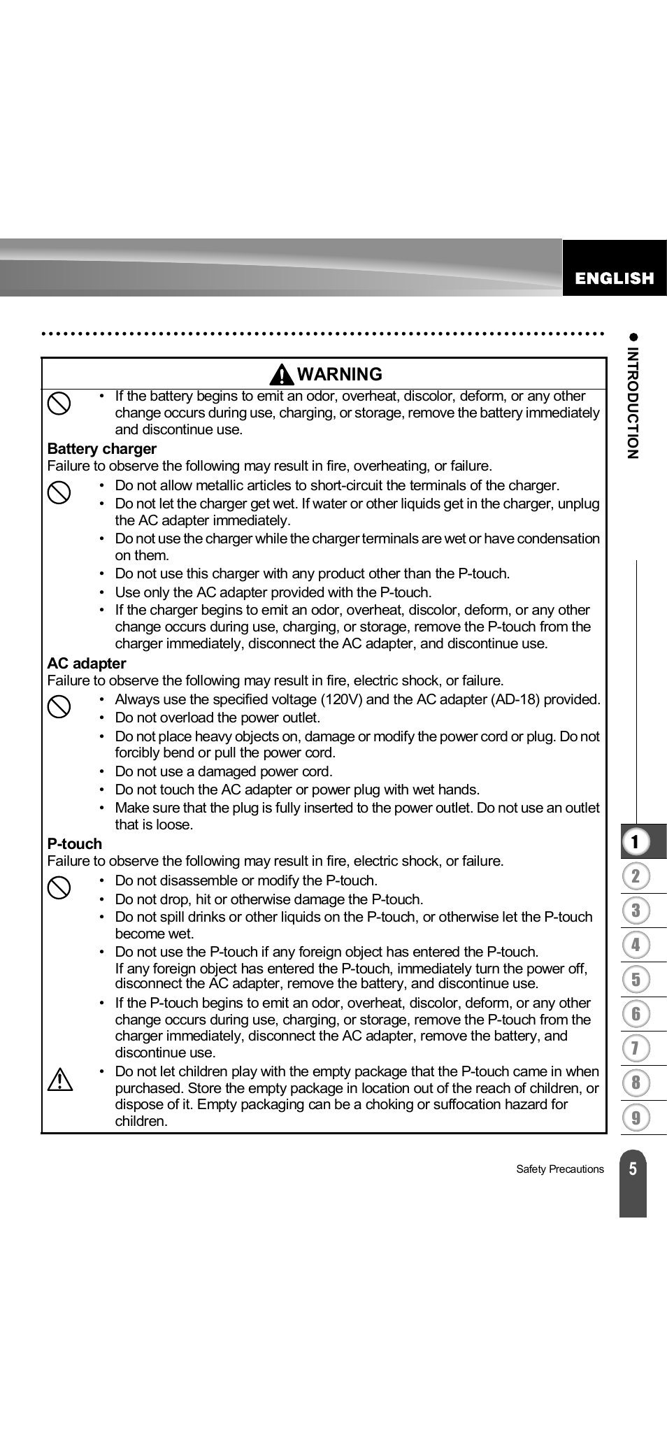 Warning | Brother PT-18R User Manual | Page 11 / 71