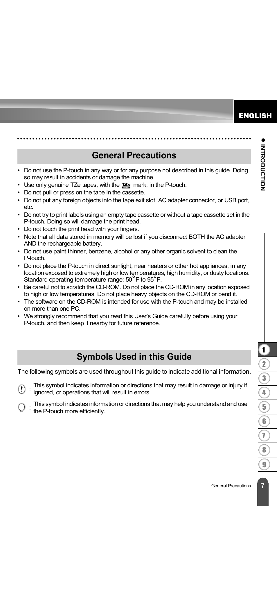 General precautions, Symbols used in this guide, General precautions symbols used in this guide | Brother PT-18R User Manual | Page 13 / 71