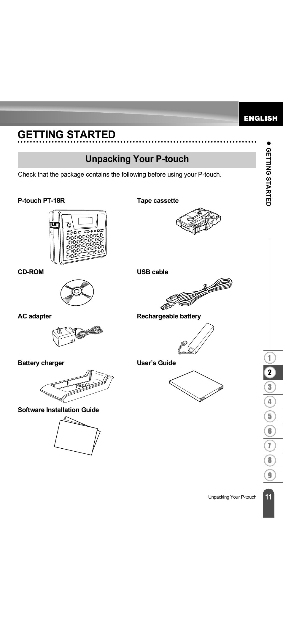 Getting started, Unpacking your p-touch | Brother PT-18R User Manual | Page 17 / 71